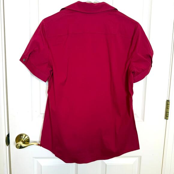 Theory Button Front Stretch Poplin Short Sleeve Blouse Red Collared Shirt Large - Picture 3 of 6